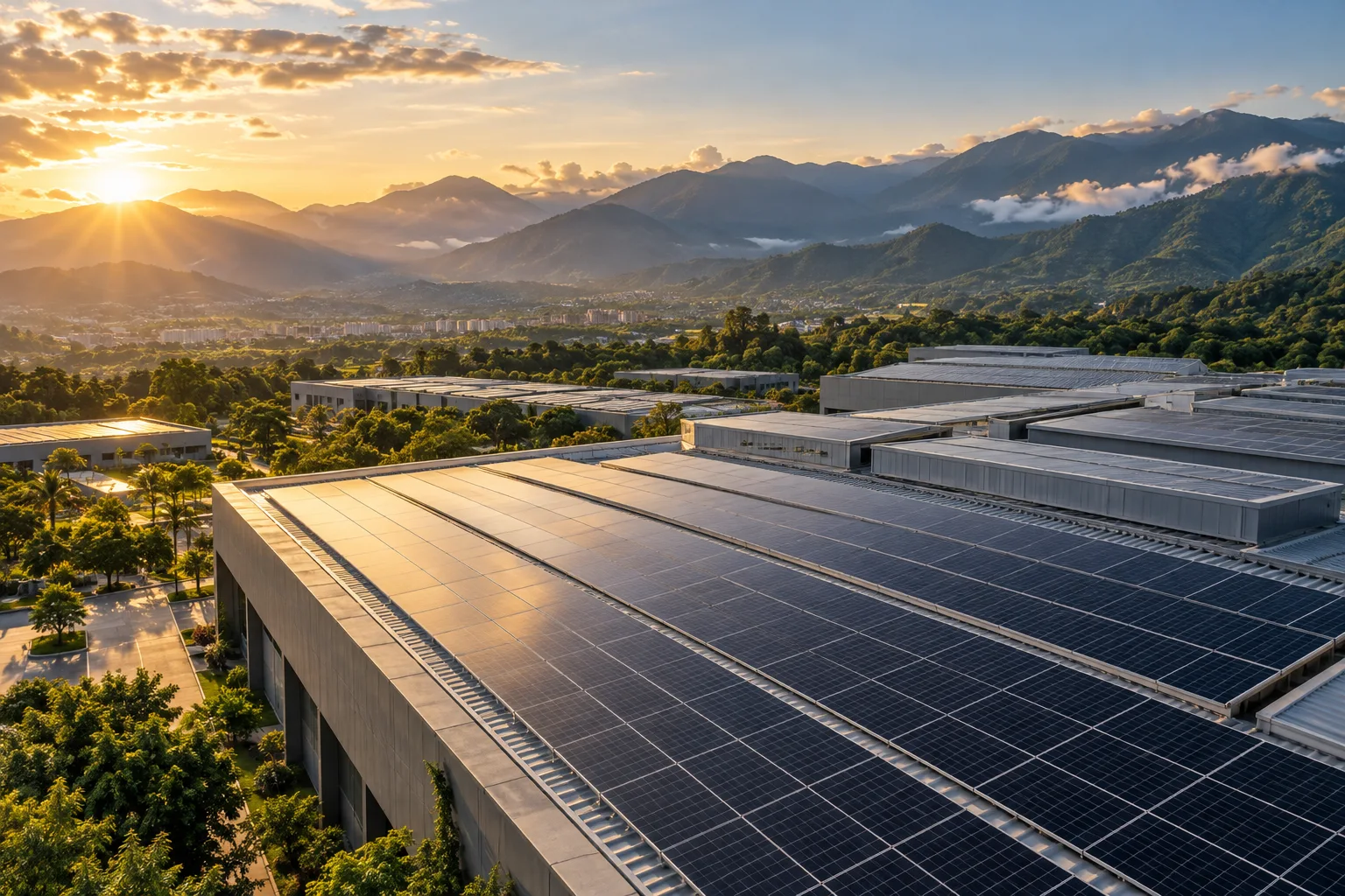 Visualización conceptual de un campus industrial solar en un paisaje andino