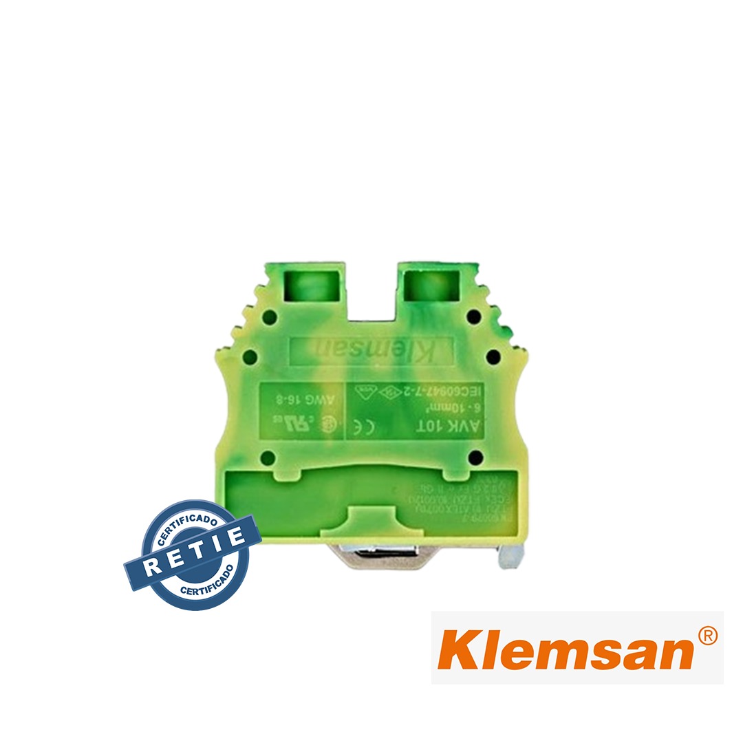 Borna de tierra verde-amarillo para riel DIN (Omega) 16-8 AWG Klemsan